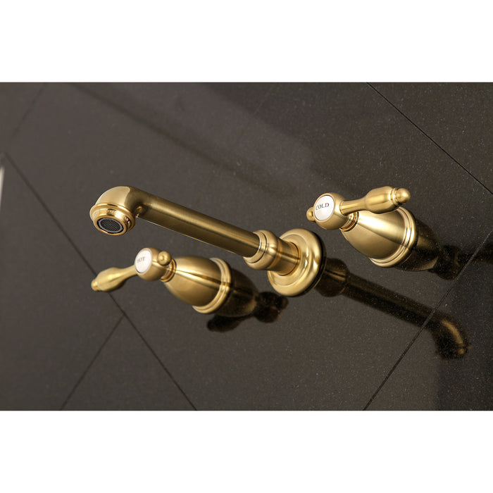 Kingston Tulare KS7127TAL - Tudor Double-Handle 3-Hole Wall Mount Bathroom Faucet, Brushed Brass