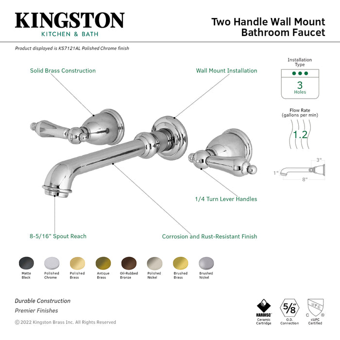 Kingston Tulare KS7128AL - English Country Double-Handle 3-Hole Wall Mount Bathroom Faucet, Brushed Nickel