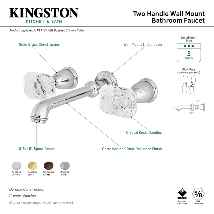 Kingston Tulare KS7128WQL - Krystal Onyx Double-Handle 3-Hole Wall Mount Bathroom Faucet, Brushed Nickel