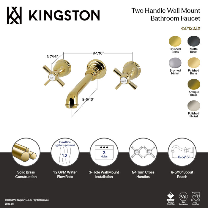 Kingston Tulare KS7128ZX - Millennium Double-Handle 3-Hole Wall Mount Bathroom Faucet, Brushed Nickel