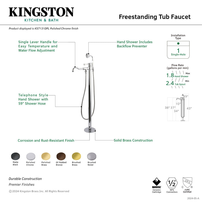 Kingston Tulare KS7130DPL - Paris Single-Handle 1-Hole Freestanding Tub Faucet with Hand Shower, Matte Black