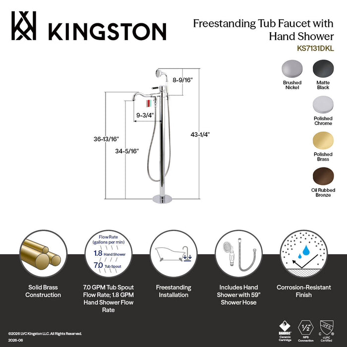 Kingston Sona KS7135DKL - Kaiser Single-Handle 1-Hole Freestanding Tub Faucet with Hand Shower, Oil Rubbed Bronze