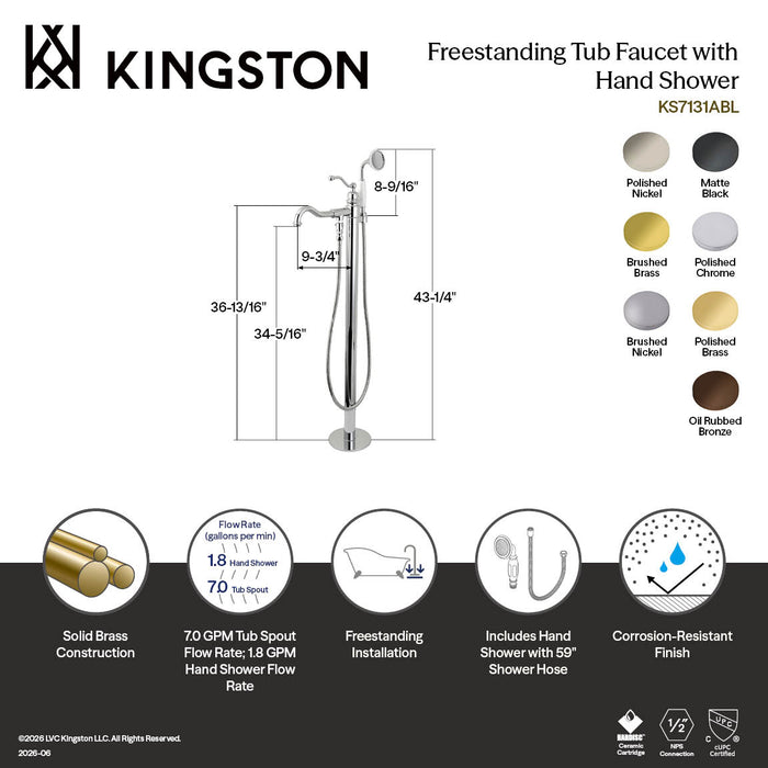 Kingston Heirloom KS7137ABL - English Country Single-Handle 1-Hole Freestanding Tub Faucet with Hand Shower, Brushed Brass