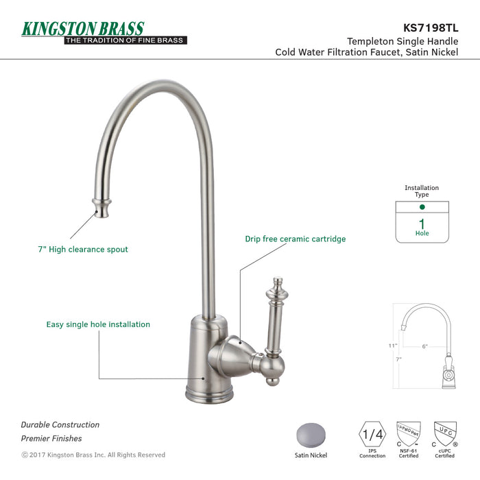 Kingston Tulare KS7198TL - Templeton Single-Handle 1-Hole Deck Mount Water Filtration Faucet, Brushed Nickel