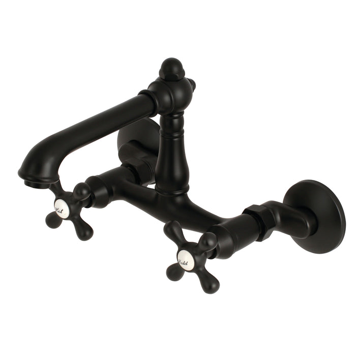 Kingston Tulare KS7220AX - English Country Two-Handle 2-Hole Wall Mount Bridge Kitchen Faucet, Matte Black