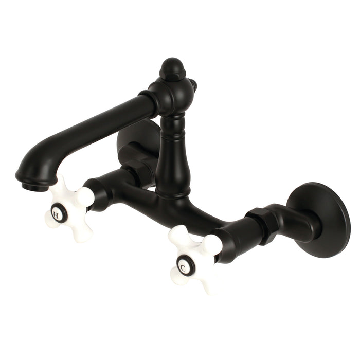 Kingston Tulare KS7220PX - English Country Two-Handle 2-Hole Wall Mount Bridge Kitchen Faucet, Matte Black