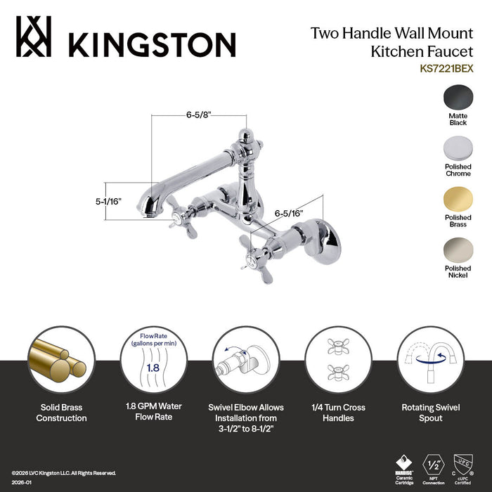 Kingston Tulare KS7222BEX - Essex Two-Handle 2-Hole Wall Mount Bridge Kitchen Faucet, Polished Brass