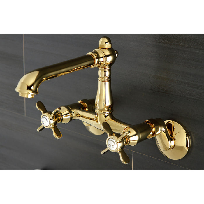 Kingston Tulare KS7222BEX - Essex Two-Handle 2-Hole Wall Mount Bridge Kitchen Faucet, Polished Brass