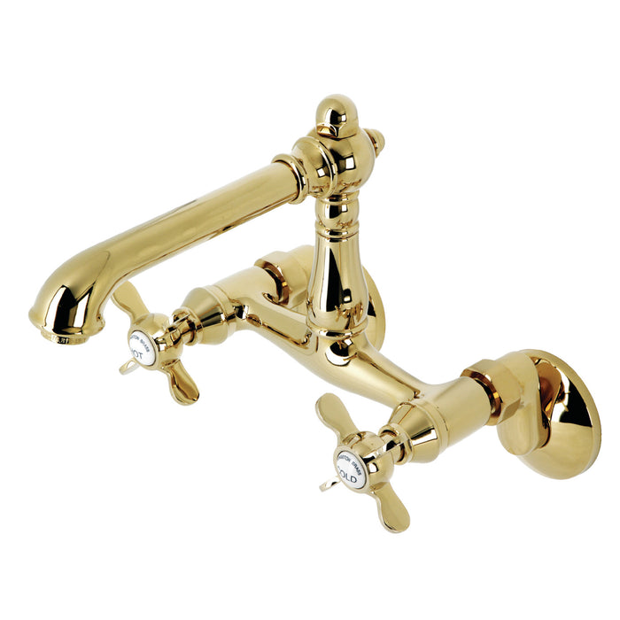 Kingston Tulare KS7222BEX - Essex Two-Handle 2-Hole Wall Mount Bridge Kitchen Faucet, Polished Brass