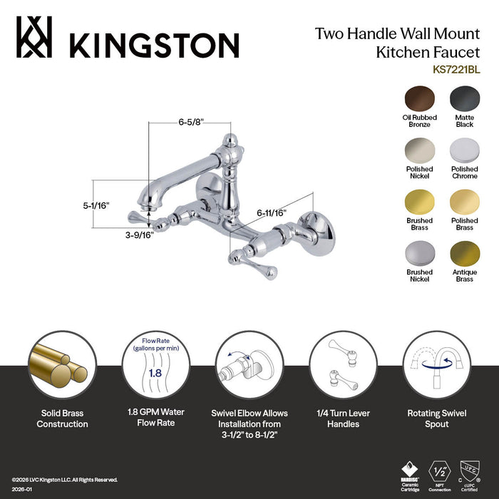 Kingston Tulare KS7222BL - English Country Two-Handle 2-Hole Wall Mount Bridge Kitchen Faucet, Polished Brass