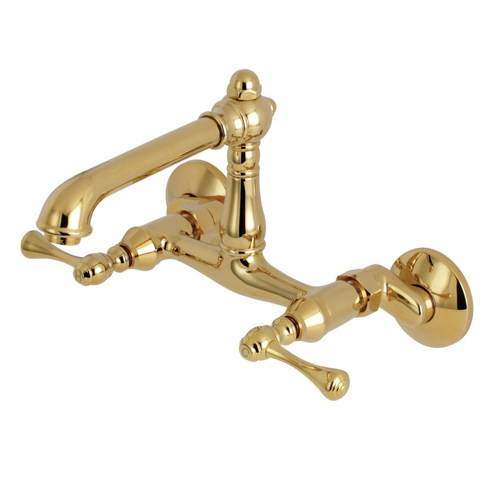Kingston Tulare KS7222BL - English Country Two-Handle 2-Hole Wall Mount Bridge Kitchen Faucet, Polished Brass