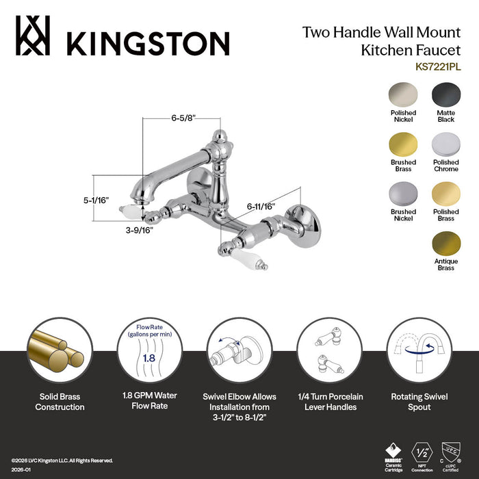 Kingston Tulare KS7222PL - English Country Two-Handle 2-Hole Wall Mount Bridge Kitchen Faucet, Polished Brass