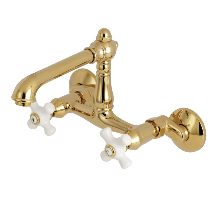 Kingston Tulare KS7222PX - English Country Two-Handle 2-Hole Wall Mount Bridge Kitchen Faucet, Polished Brass