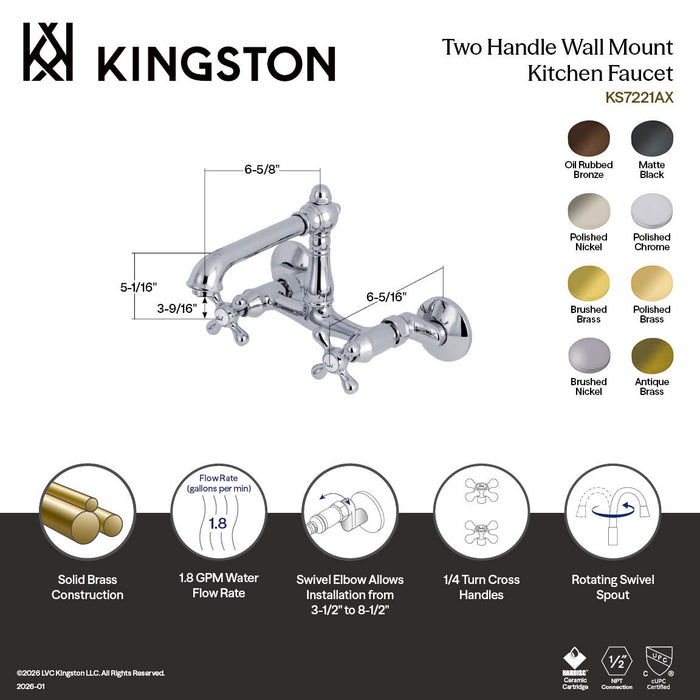 Kingston Tulare KS7223AX - English Country Two-Handle 2-Hole Wall Mount Bridge Kitchen Faucet, Antique Brass