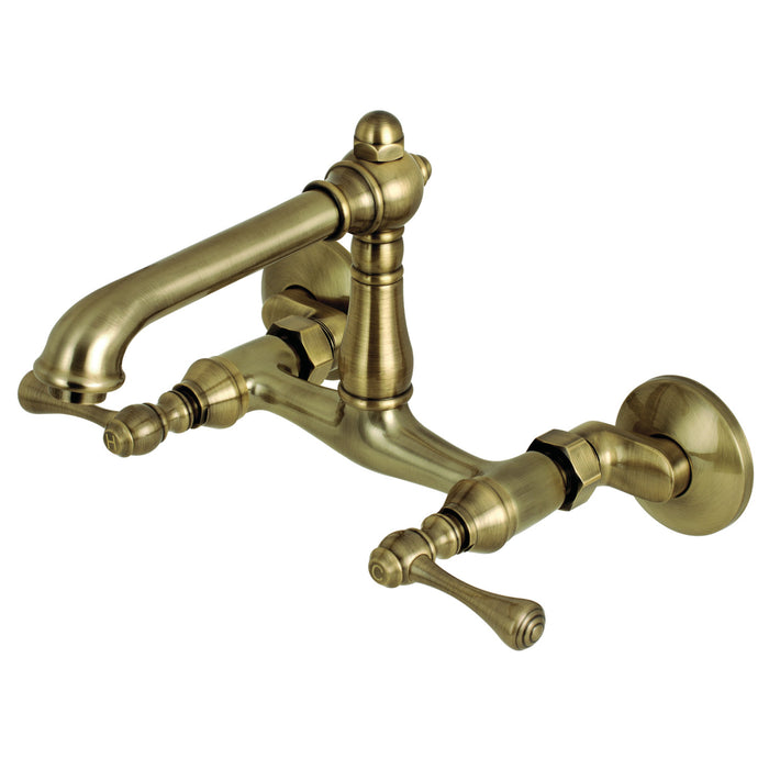 Kingston Tulare KS7223BL - English Country Two-Handle 2-Hole Wall Mount Bridge Kitchen Faucet, Antique Brass