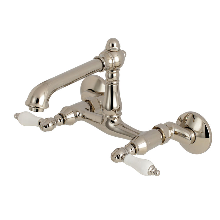 Kingston Tulare KS7226PL - English Country Two-Handle 2-Hole Wall Mount Bridge Kitchen Faucet, Polished Nickel