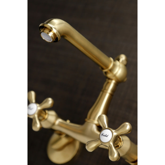 Kingston Tulare KS7227AX - English Country Two-Handle 2-Hole Wall Mount Bridge Kitchen Faucet, Brushed Brass