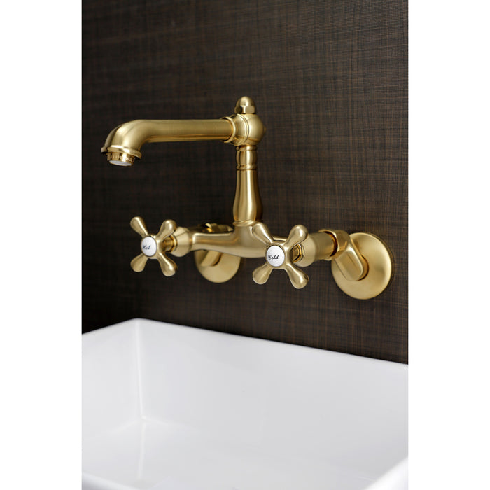 Kingston Tulare KS7227AX - English Country Two-Handle 2-Hole Wall Mount Bridge Kitchen Faucet, Brushed Brass