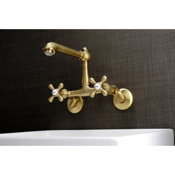 Kingston Tulare KS7227AX - English Country Two-Handle 2-Hole Wall Mount Bridge Kitchen Faucet, Brushed Brass