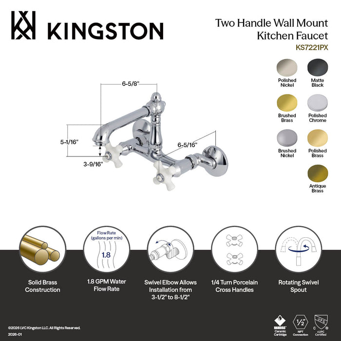 Kingston Tulare KS7227PX - English Country Two-Handle 2-Hole Wall Mount Bridge Kitchen Faucet, Brushed Brass