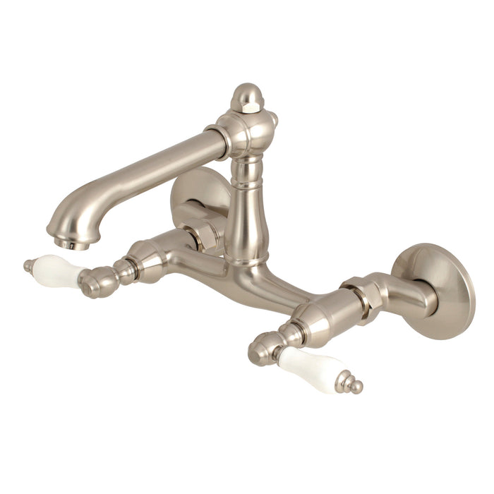 Kingston Tulare KS7228PL - English Country Two-Handle 2-Hole Wall Mount Bridge Kitchen Faucet, Brushed Nickel