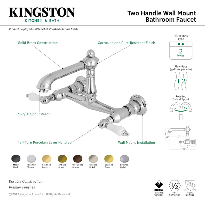 Kingston Heirloom KS7240PL - English Country Double-Handle 2-Hole Wall Mount Bathroom Faucet, Matte Black