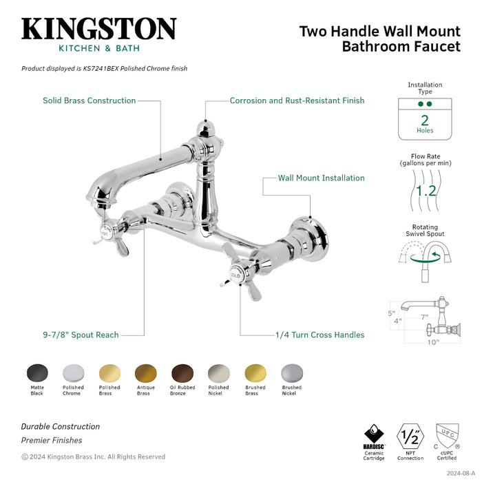 Kingston Heirloom KS7242BEX - Essex Double-Handle 2-Hole Wall Mount Bathroom Faucet, Polished Brass