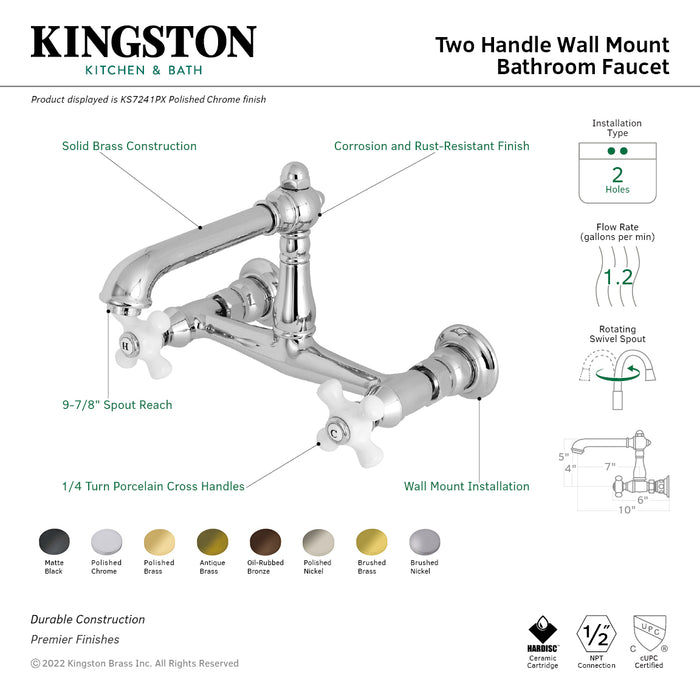 Kingston Heirloom KS7242PX - English Country Double-Handle 2-Hole Wall Mount Bathroom Faucet, Polished Brass