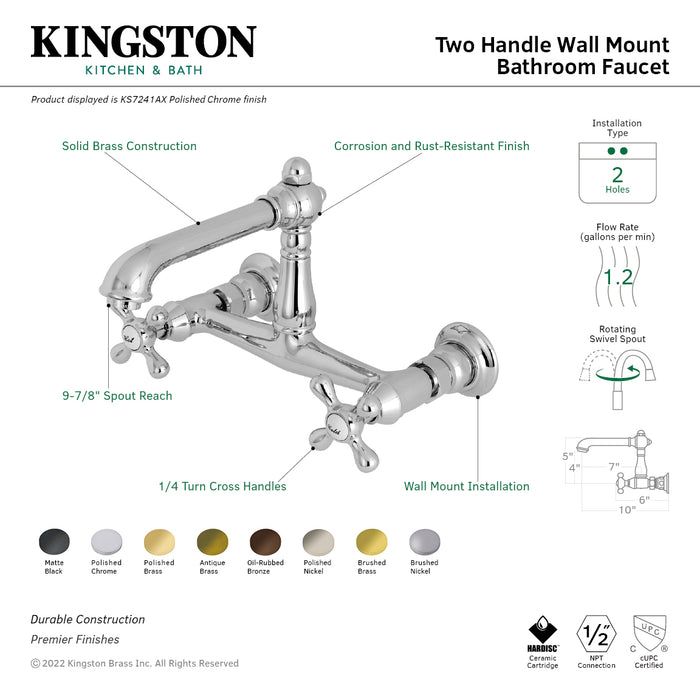 Kingston Heirloom KS7243AX - English Country Double-Handle 2-Hole Wall Mount Bathroom Faucet, Antique Brass