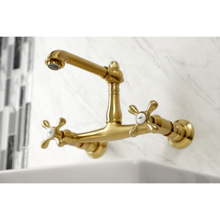Kingston Heirloom KS7247AX - English Country Double-Handle 2-Hole Wall Mount Bathroom Faucet, Brushed Brass