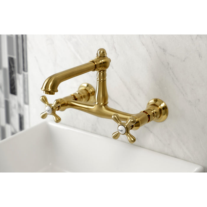 Kingston Heirloom KS7247AX - English Country Double-Handle 2-Hole Wall Mount Bathroom Faucet, Brushed Brass