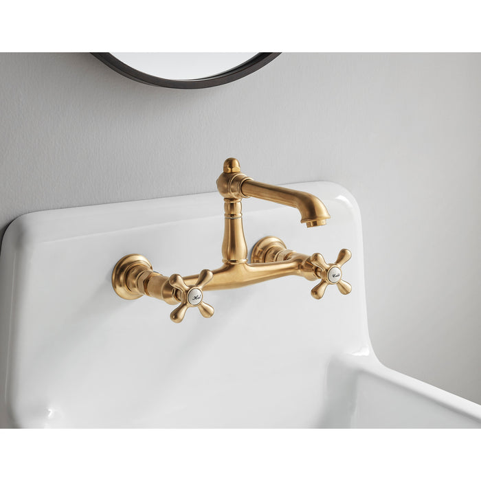 Kingston Heirloom KS7247AX - English Country Double-Handle 2-Hole Wall Mount Bathroom Faucet, Brushed Brass