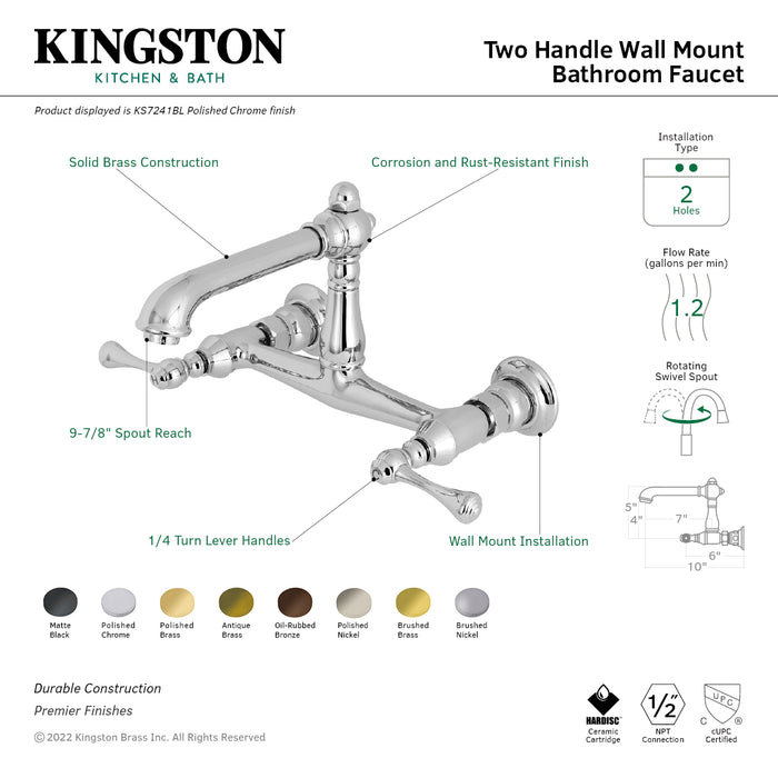 Kingston Heirloom KS7248BL - English Country Double-Handle 2-Hole Wall Mount Bathroom Faucet, Brushed Nickel