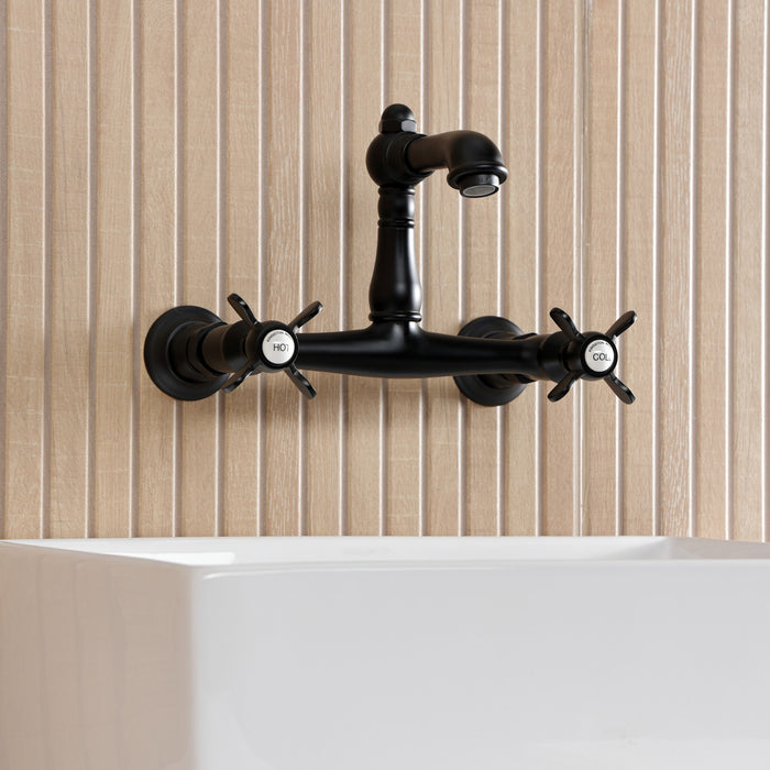 Kingston Heirloom KS7250BEX - Essex Double-Handle 2-Hole Wall Mount Bathroom Faucet, Matte Black