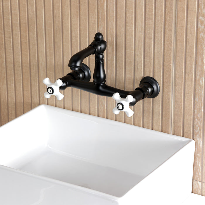 Kingston Heirloom KS7250PX - English Country Double-Handle 2-Hole Wall Mount Bathroom Faucet, Matte Black