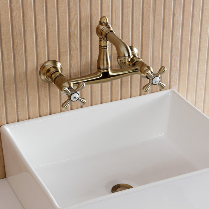 Kingston Heirloom KS7253AX - English Country Double-Handle 2-Hole Wall Mount Bathroom Faucet, Antique Brass