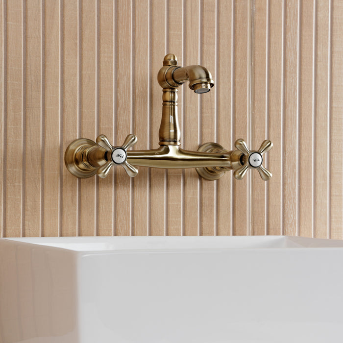 Kingston Heirloom KS7253AX - English Country Double-Handle 2-Hole Wall Mount Bathroom Faucet, Antique Brass