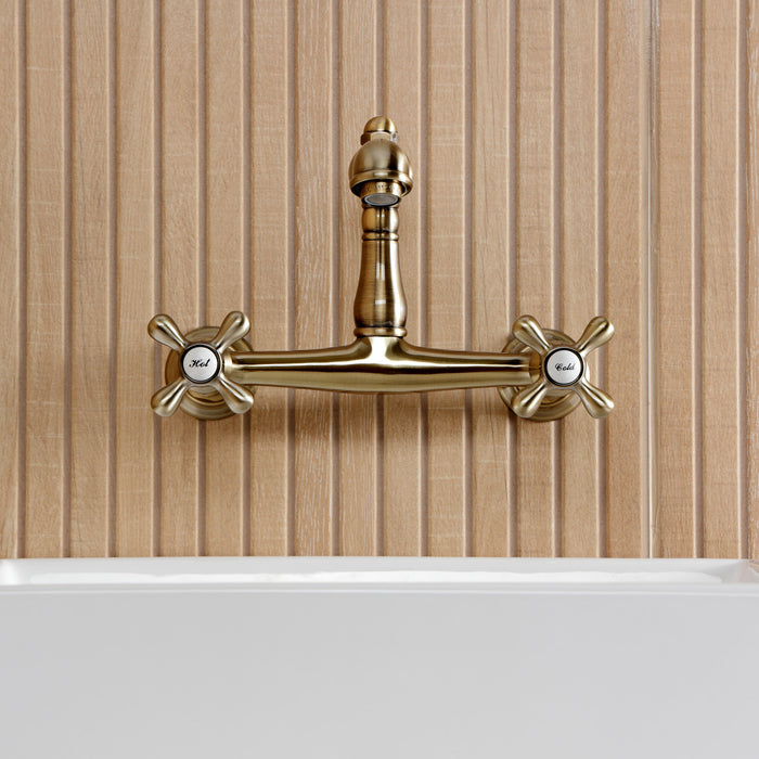 Kingston Heirloom KS7253AX - English Country Double-Handle 2-Hole Wall Mount Bathroom Faucet, Antique Brass