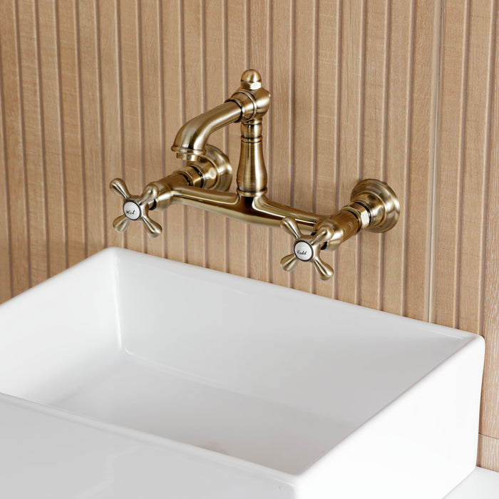 Kingston Heirloom KS7253AX - English Country Double-Handle 2-Hole Wall Mount Bathroom Faucet, Antique Brass