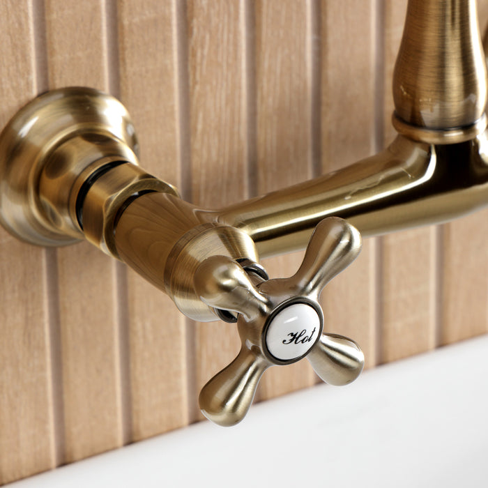 Kingston Heirloom KS7253AX - English Country Double-Handle 2-Hole Wall Mount Bathroom Faucet, Antique Brass