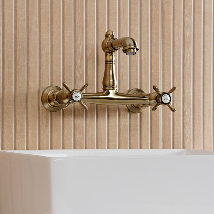 Kingston Heirloom KS7253BEX - Essex Double-Handle 2-Hole Wall Mount Bathroom Faucet, Antique Brass