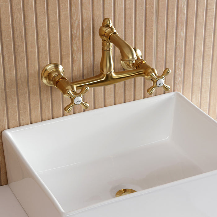 Kingston Heirloom KS7257AX - English Country Double-Handle 2-Hole Wall Mount Bathroom Faucet, Brushed Brass