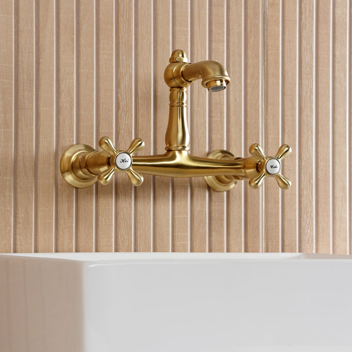 Kingston Heirloom KS7257AX - English Country Double-Handle 2-Hole Wall Mount Bathroom Faucet, Brushed Brass