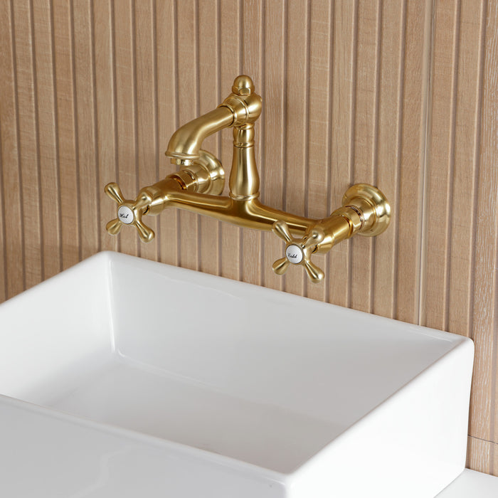 Kingston Heirloom KS7257AX - English Country Double-Handle 2-Hole Wall Mount Bathroom Faucet, Brushed Brass