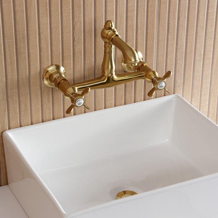 Kingston Heirloom KS7257BEX - Essex Double-Handle 2-Hole Wall Mount Bathroom Faucet, Brushed Brass
