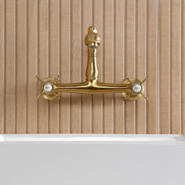 Kingston Heirloom KS7257BEX - Essex Double-Handle 2-Hole Wall Mount Bathroom Faucet, Brushed Brass