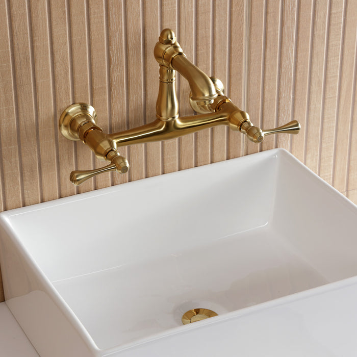 Kingston Heirloom KS7257BL - English Country Double-Handle 2-Hole Wall Mount Bathroom Faucet, Brushed Brass