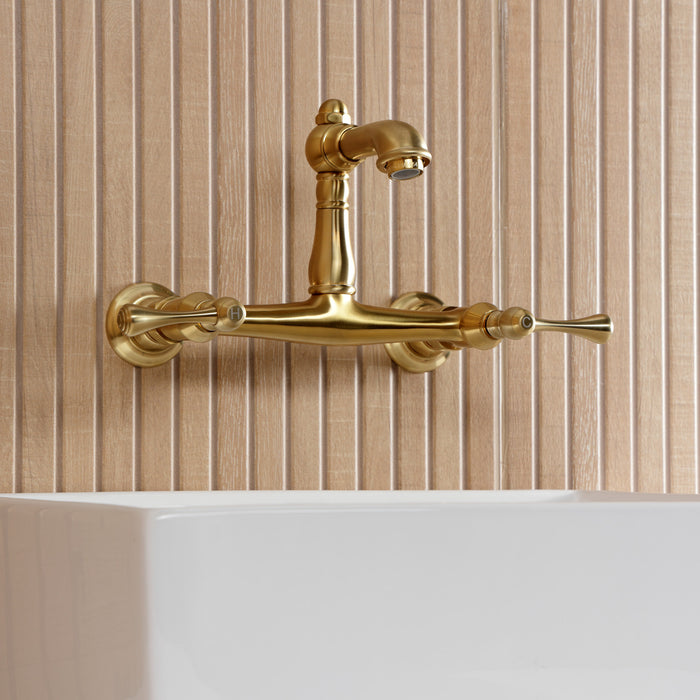 Kingston Heirloom KS7257BL - English Country Double-Handle 2-Hole Wall Mount Bathroom Faucet, Brushed Brass