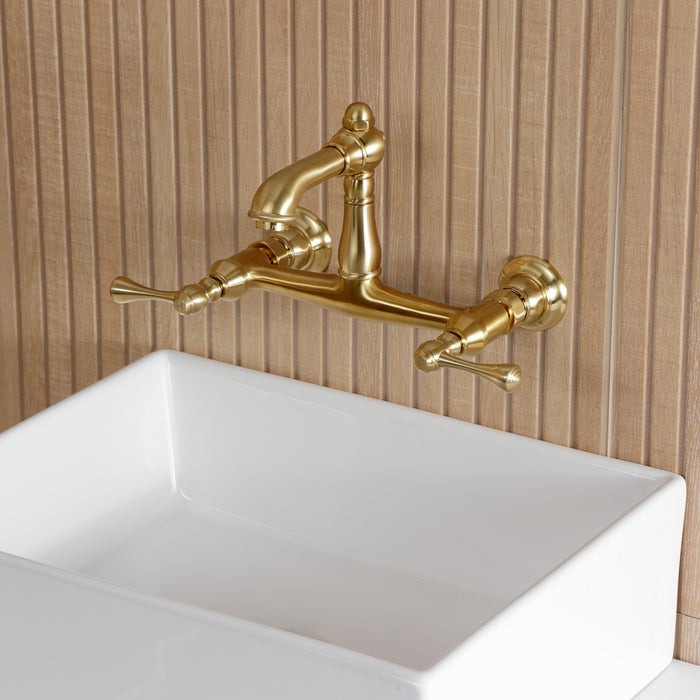 Kingston Heirloom KS7257BL - English Country Double-Handle 2-Hole Wall Mount Bathroom Faucet, Brushed Brass