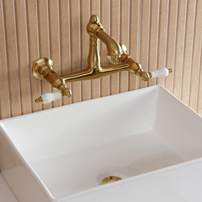 Kingston Heirloom KS7257PL - English Country Double-Handle 2-Hole Wall Mount Bathroom Faucet, Brushed Brass